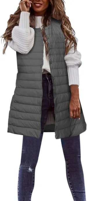 XIAOBU Quilted Jackets Women's Loose Mid-Length Vests Pocket Button Solid Thin Light Sleeveless Cotton Padded Coats