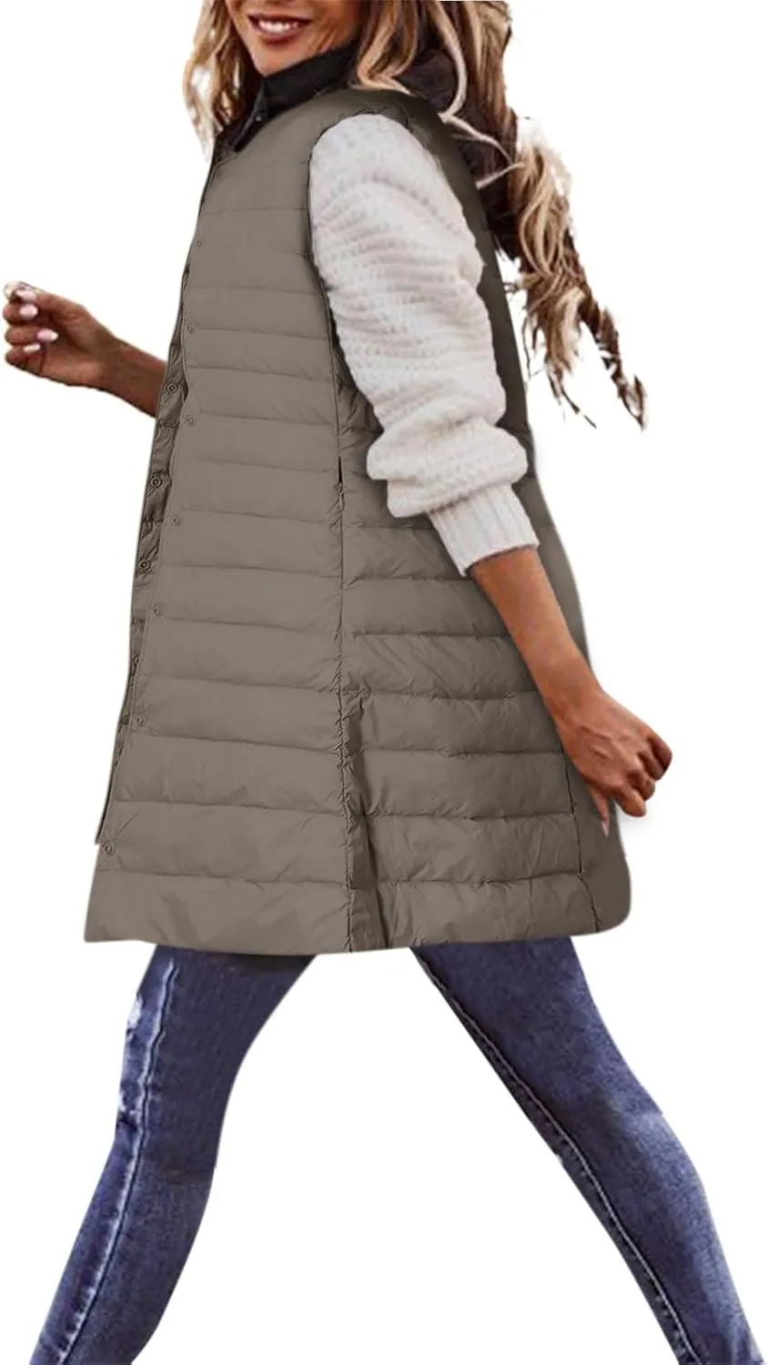 XIAOBU Quilted Jackets Women's Loose Mid-Length Vests Pocket Button Solid Thin Light Sleeveless Cotton Padded Coats