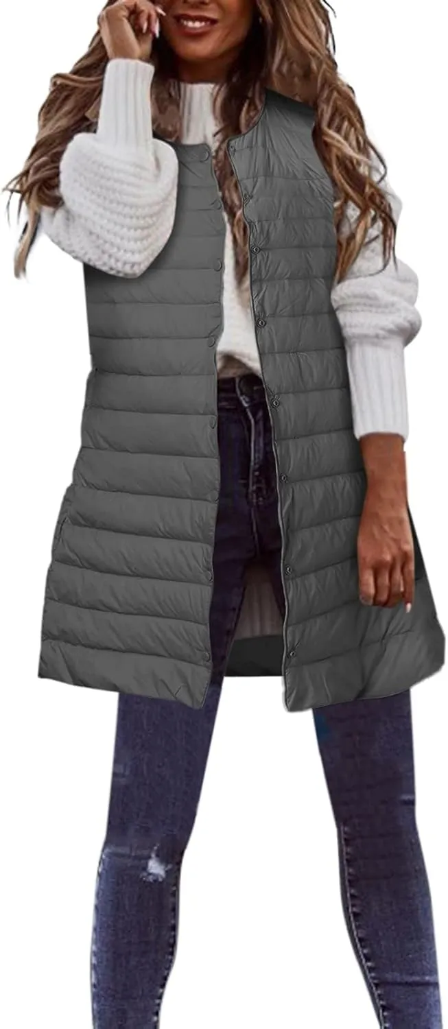 XIAOBU Quilted Jackets Women's Loose Mid-Length Vests Pocket Button Solid Thin Light Sleeveless Cotton Padded Coats