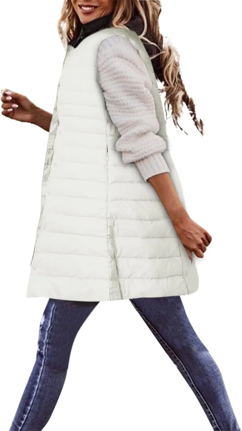 XIAOBU Quilted Jackets Women's Loose Mid-Length Vests Pocket Button Solid Thin Light Sleeveless Cotton Padded Coats