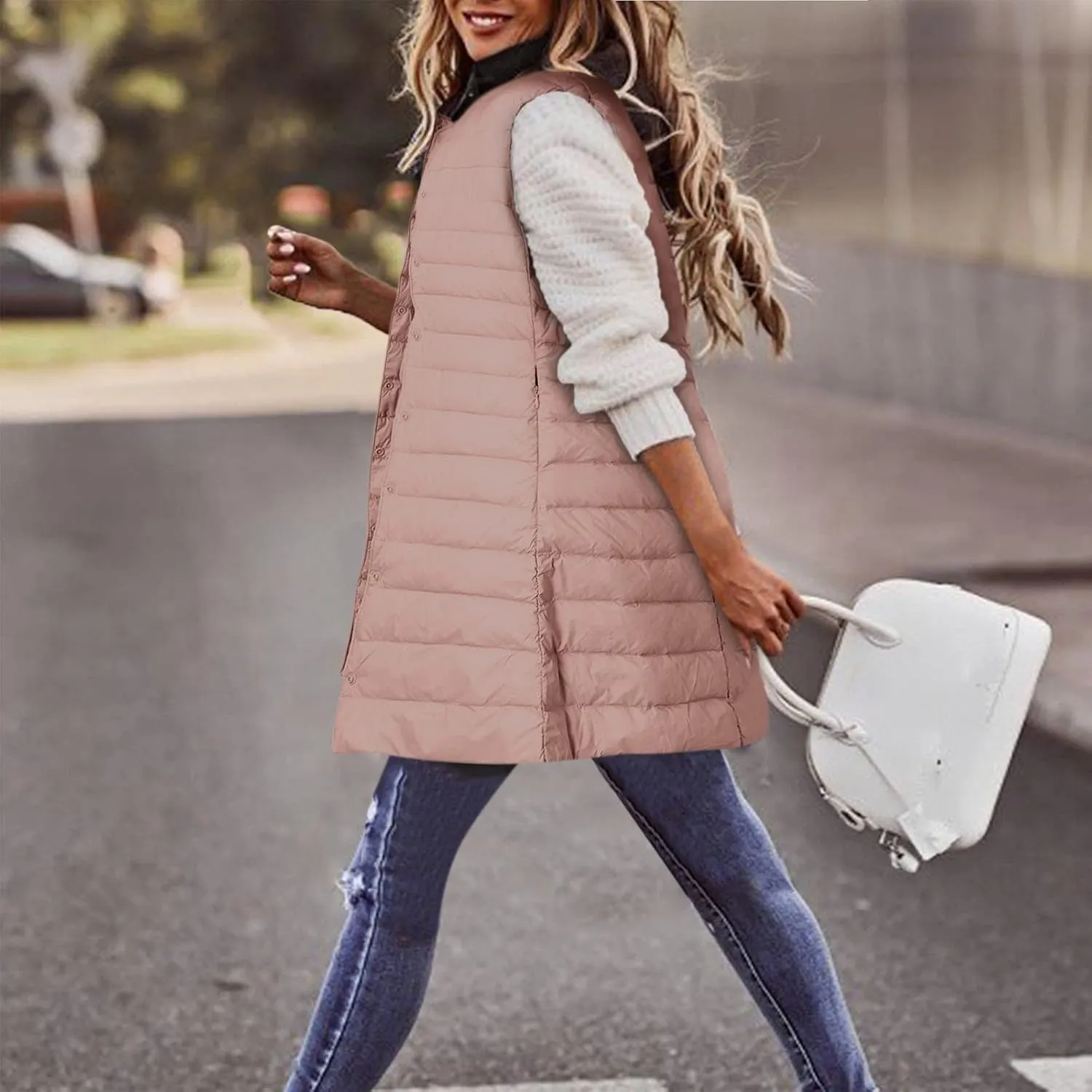 XIAOBU Quilted Jackets Women's Loose Mid-Length Vests Pocket Button Solid Thin Light Sleeveless Cotton Padded Coats