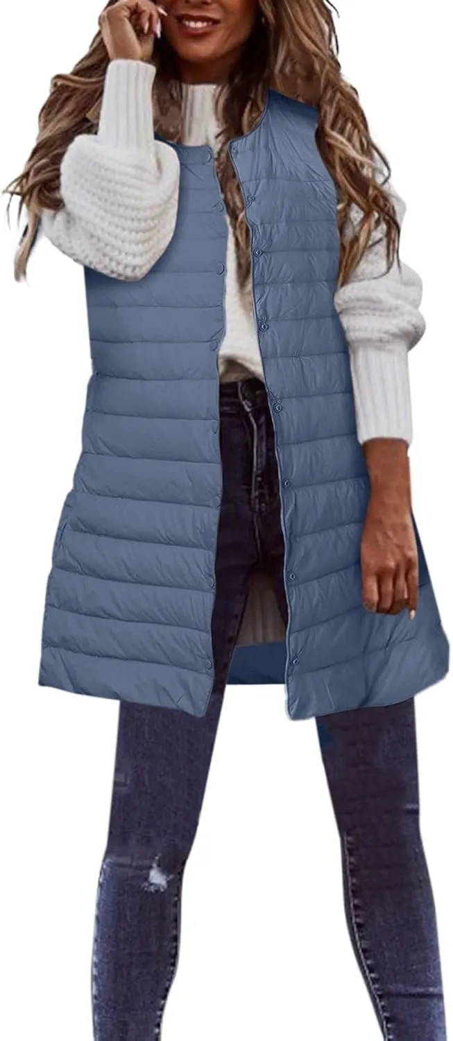 XIAOBU Quilted Jackets Women's Loose Mid-Length Vests Pocket Button Solid Thin Light Sleeveless Cotton Padded Coats