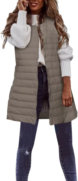 XIAOBU Quilted Jackets Women's Loose Mid-Length Vests Pocket Button Solid Thin Light Sleeveless Cotton Padded Coats