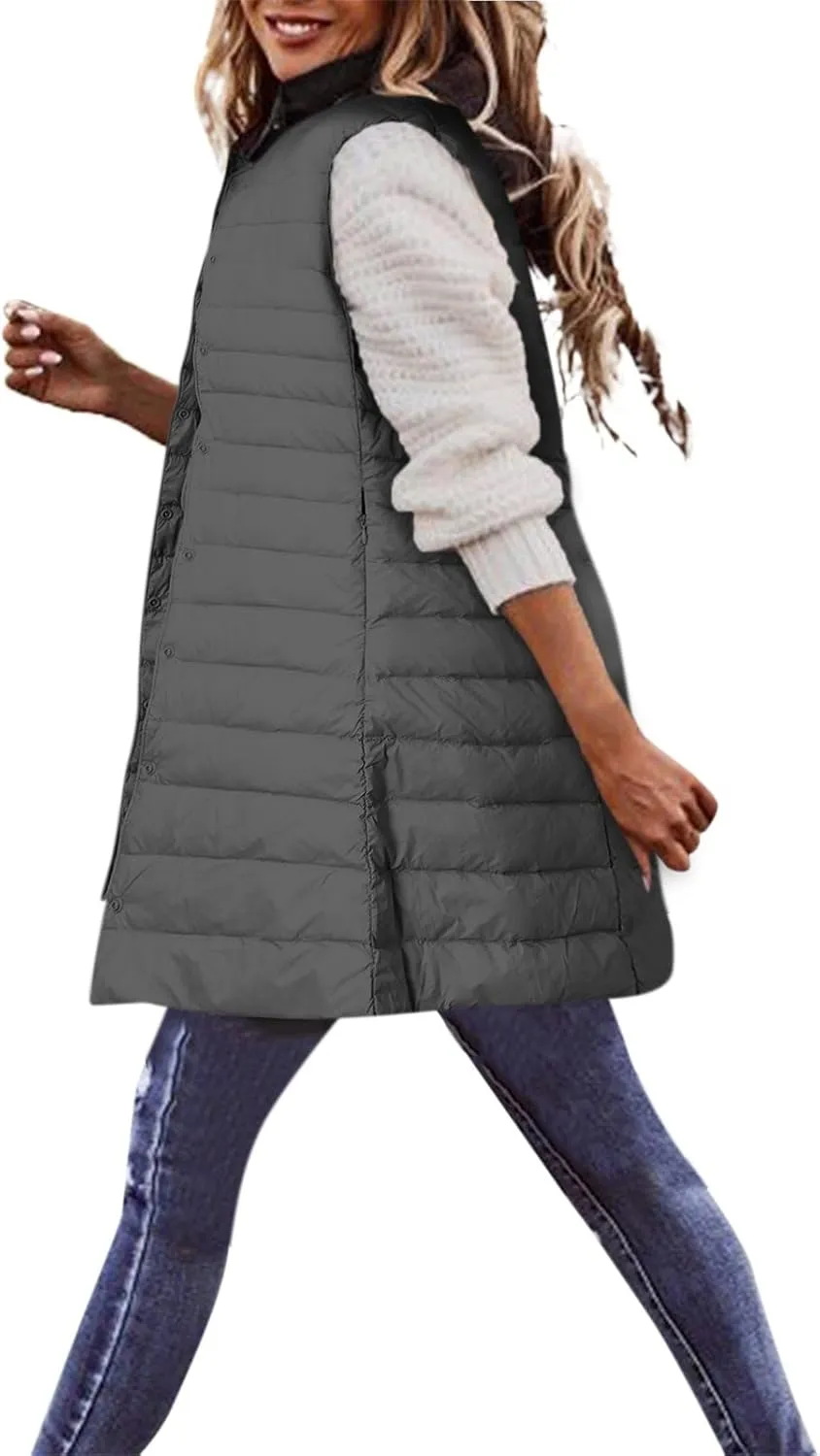 XIAOBU Quilted Jackets Women's Loose Mid-Length Vests Pocket Button Solid Thin Light Sleeveless Cotton Padded Coats