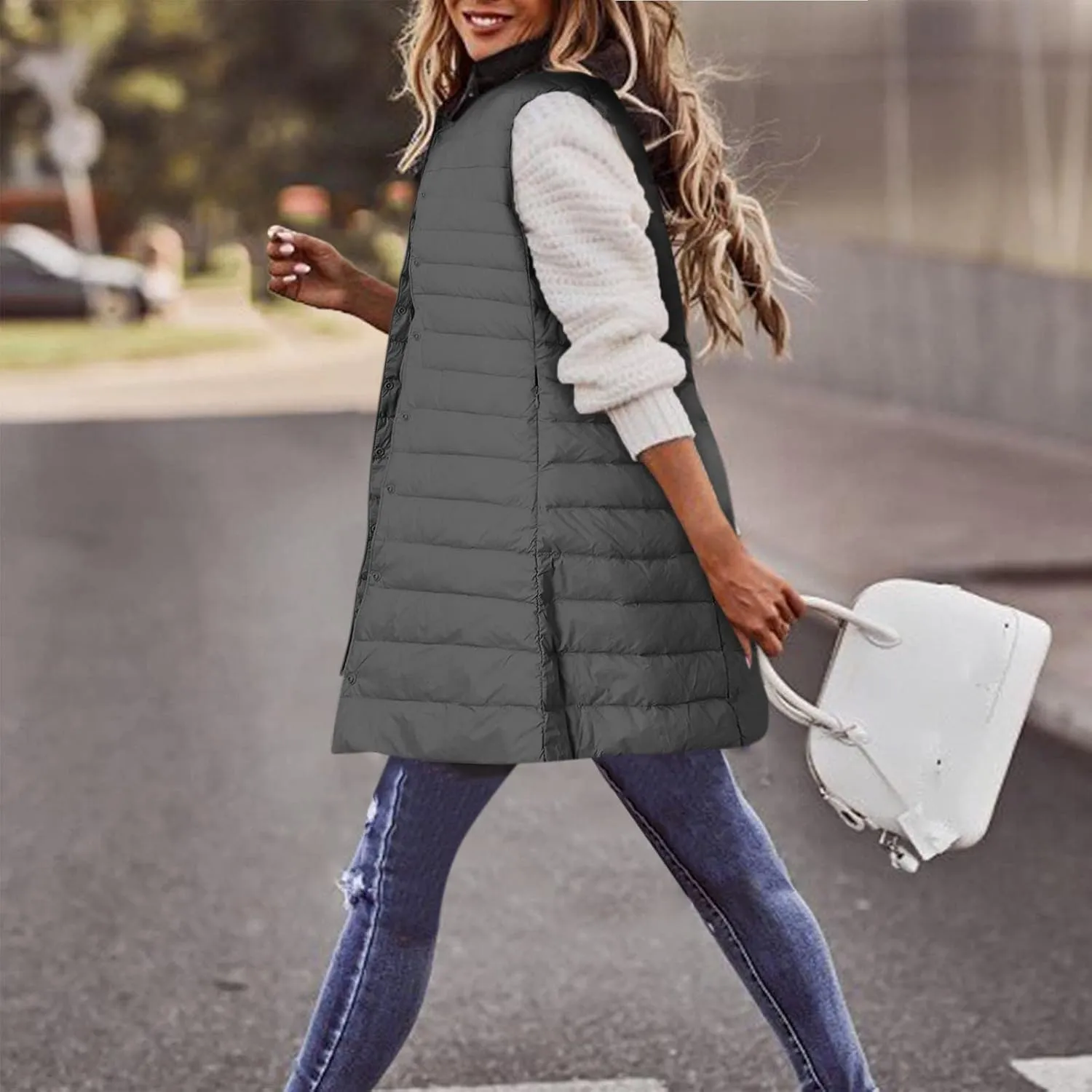 XIAOBU Quilted Jackets Women's Loose Mid-Length Vests Pocket Button Solid Thin Light Sleeveless Cotton Padded Coats