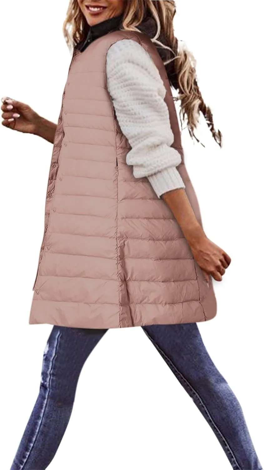 XIAOBU Quilted Jackets Women's Loose Mid-Length Vests Pocket Button Solid Thin Light Sleeveless Cotton Padded Coats