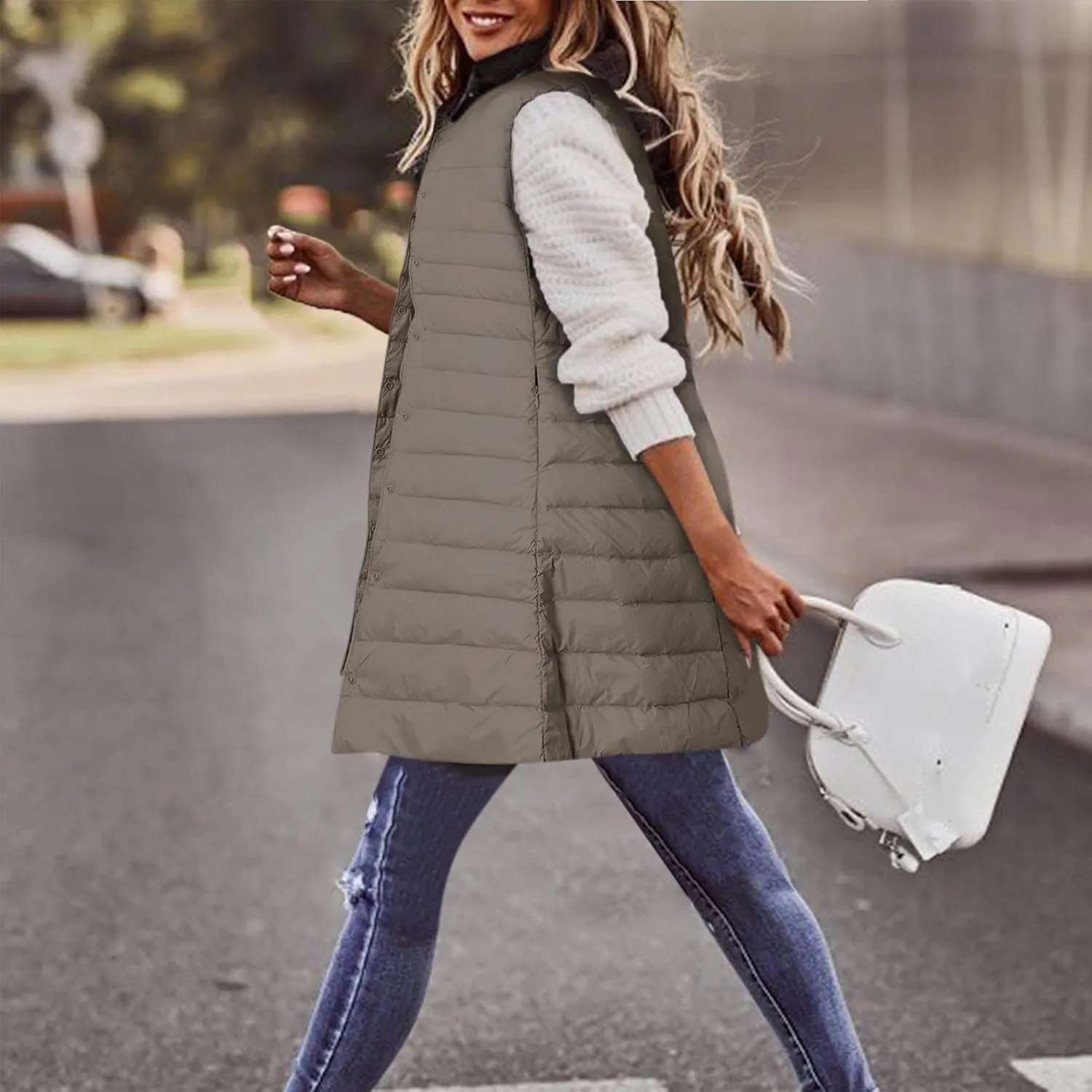 XIAOBU Quilted Jackets Women's Loose Mid-Length Vests Pocket Button Solid Thin Light Sleeveless Cotton Padded Coats