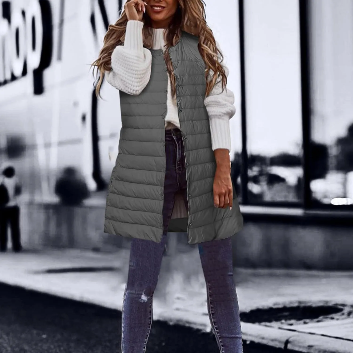 XIAOBU Quilted Jackets Women's Loose Mid-Length Vests Pocket Button Solid Thin Light Sleeveless Cotton Padded Coats