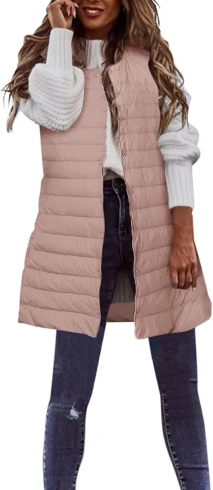 XIAOBU Quilted Jackets Women's Loose Mid-Length Vests Pocket Button Solid Thin Light Sleeveless Cotton Padded Coats