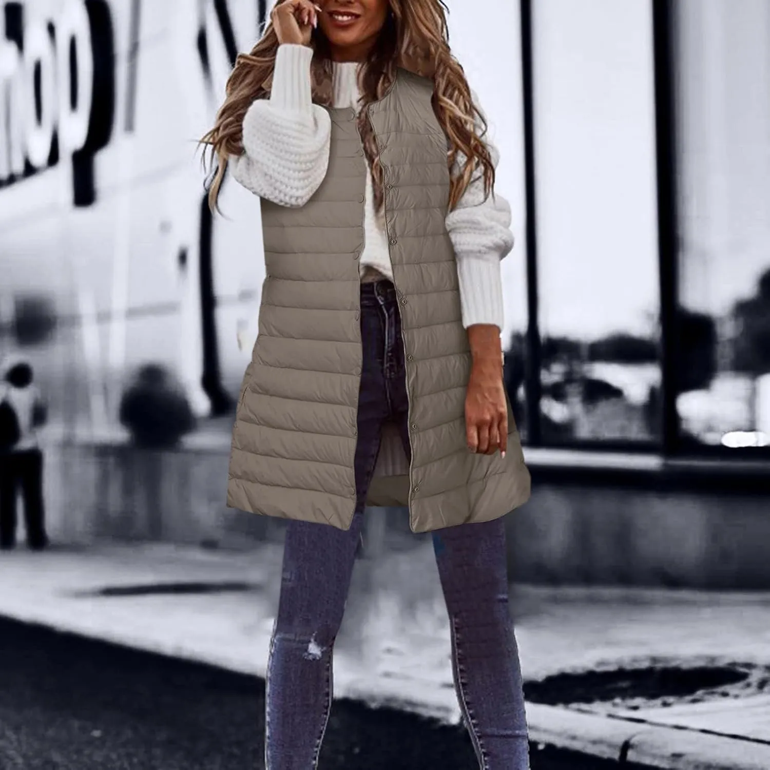 XIAOBU Quilted Jackets Women's Loose Mid-Length Vests Pocket Button Solid Thin Light Sleeveless Cotton Padded Coats