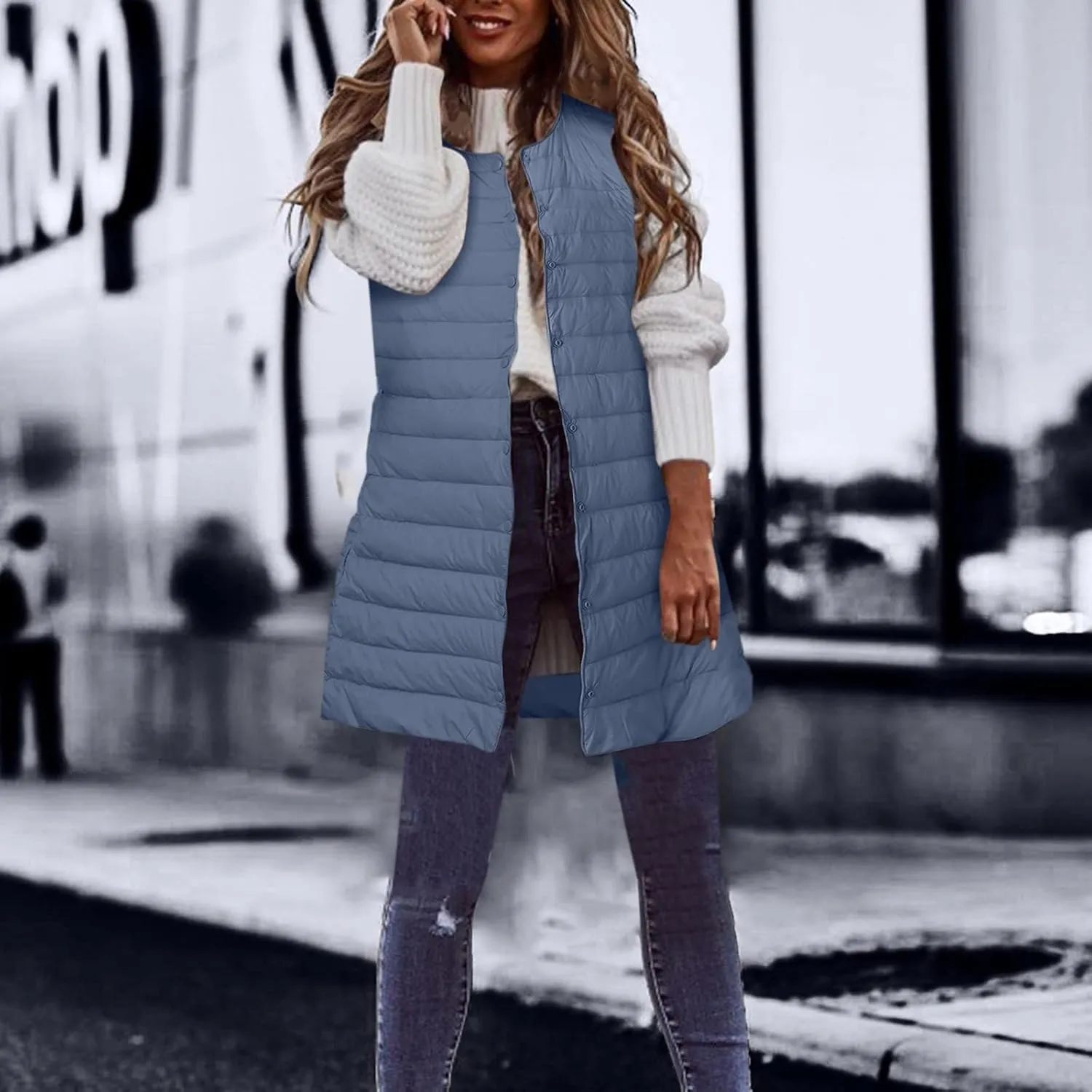 XIAOBU Quilted Jackets Women's Loose Mid-Length Vests Pocket Button Solid Thin Light Sleeveless Cotton Padded Coats