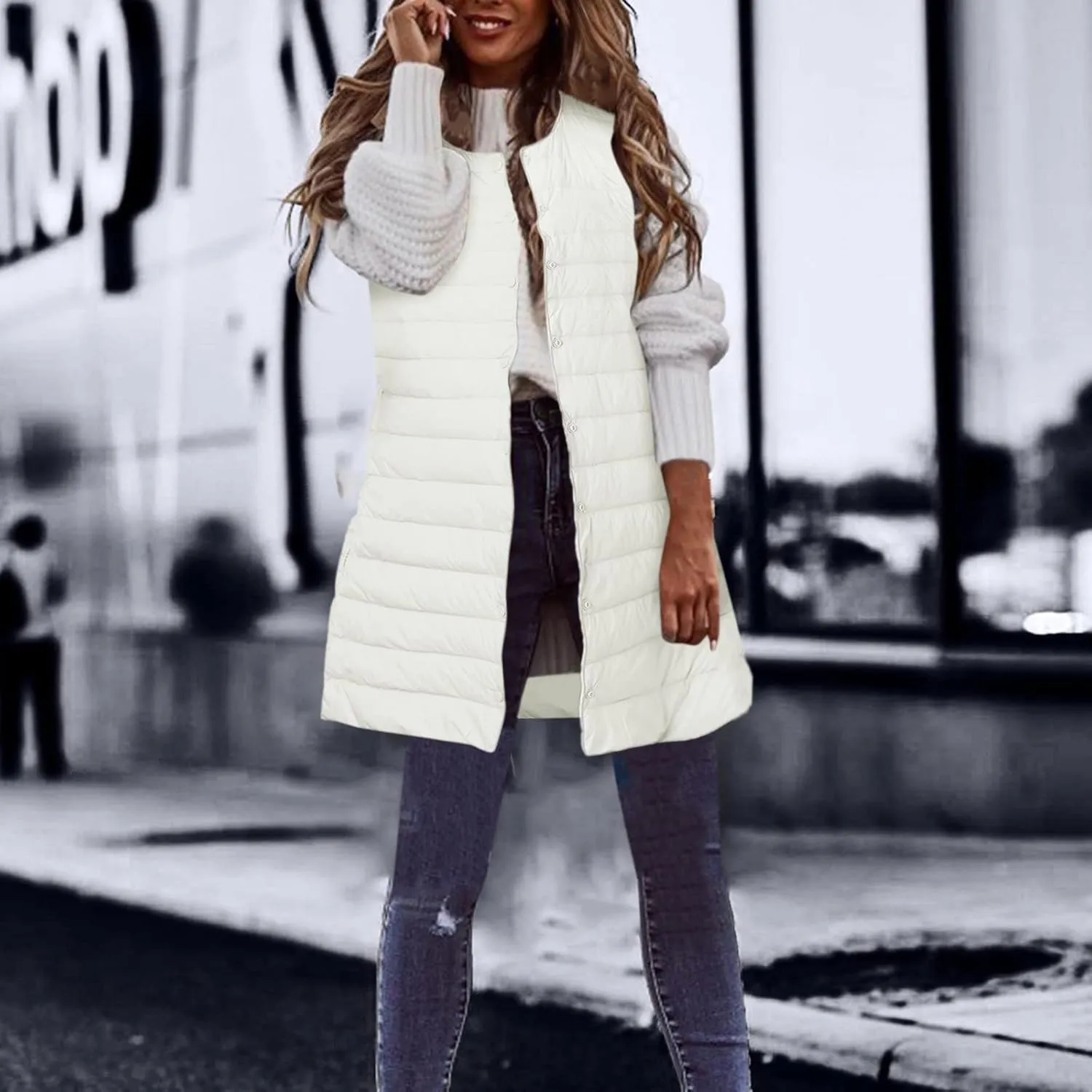XIAOBU Quilted Jackets Women's Loose Mid-Length Vests Pocket Button Solid Thin Light Sleeveless Cotton Padded Coats