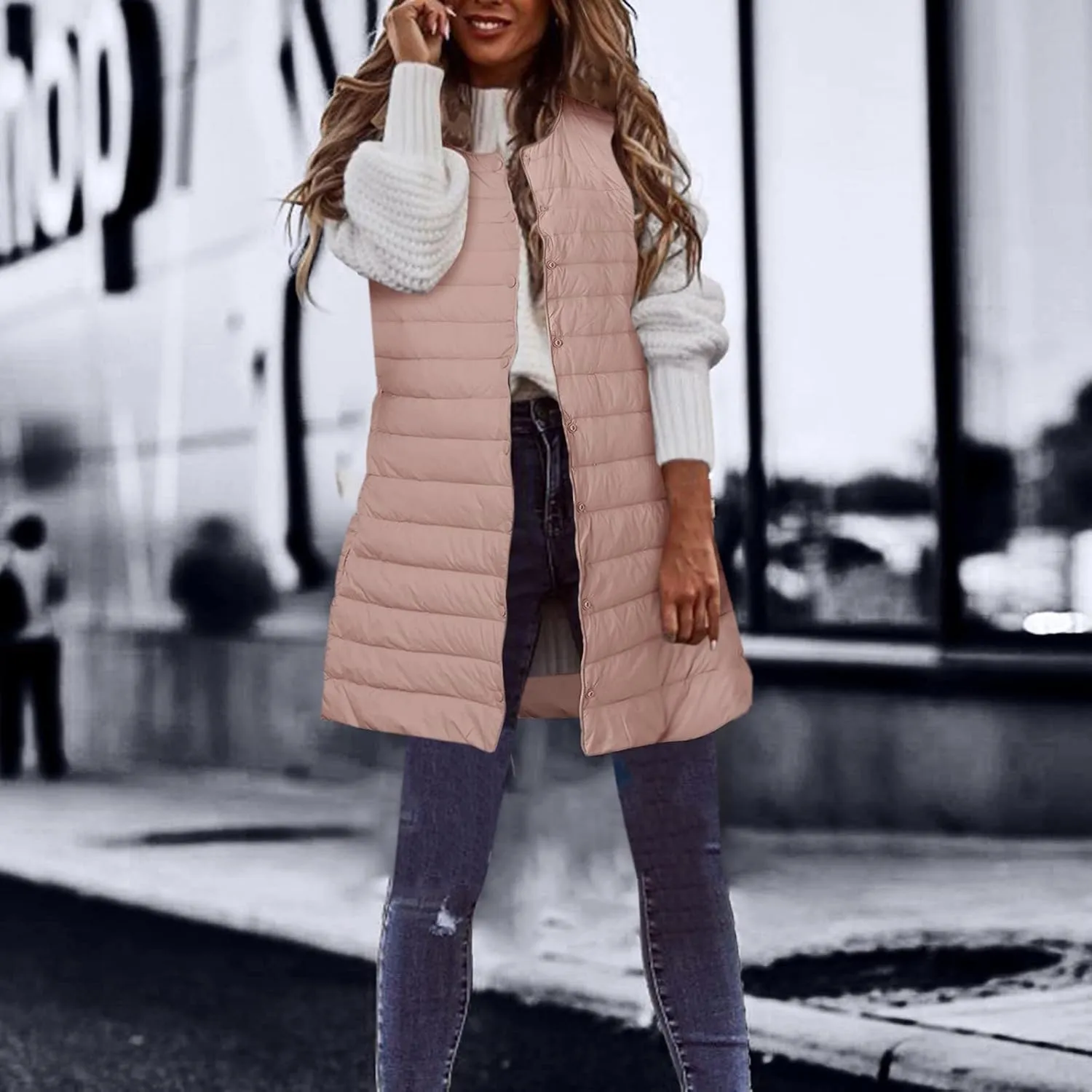 XIAOBU Quilted Jackets Women's Loose Mid-Length Vests Pocket Button Solid Thin Light Sleeveless Cotton Padded Coats