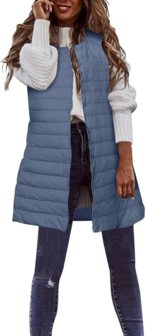 XIAOBU Quilted Jackets Women's Loose Mid-Length Vests Pocket Button Solid Thin Light Sleeveless Cotton Padded Coats