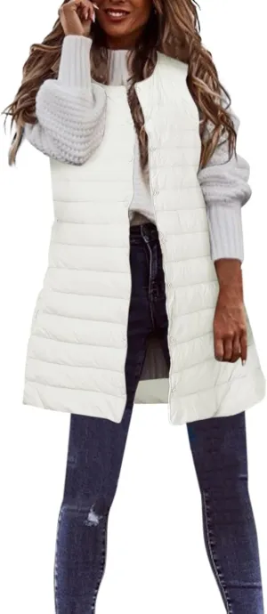 XIAOBU Quilted Jackets Women's Loose Mid-Length Vests Pocket Button Solid Thin Light Sleeveless Cotton Padded Coats