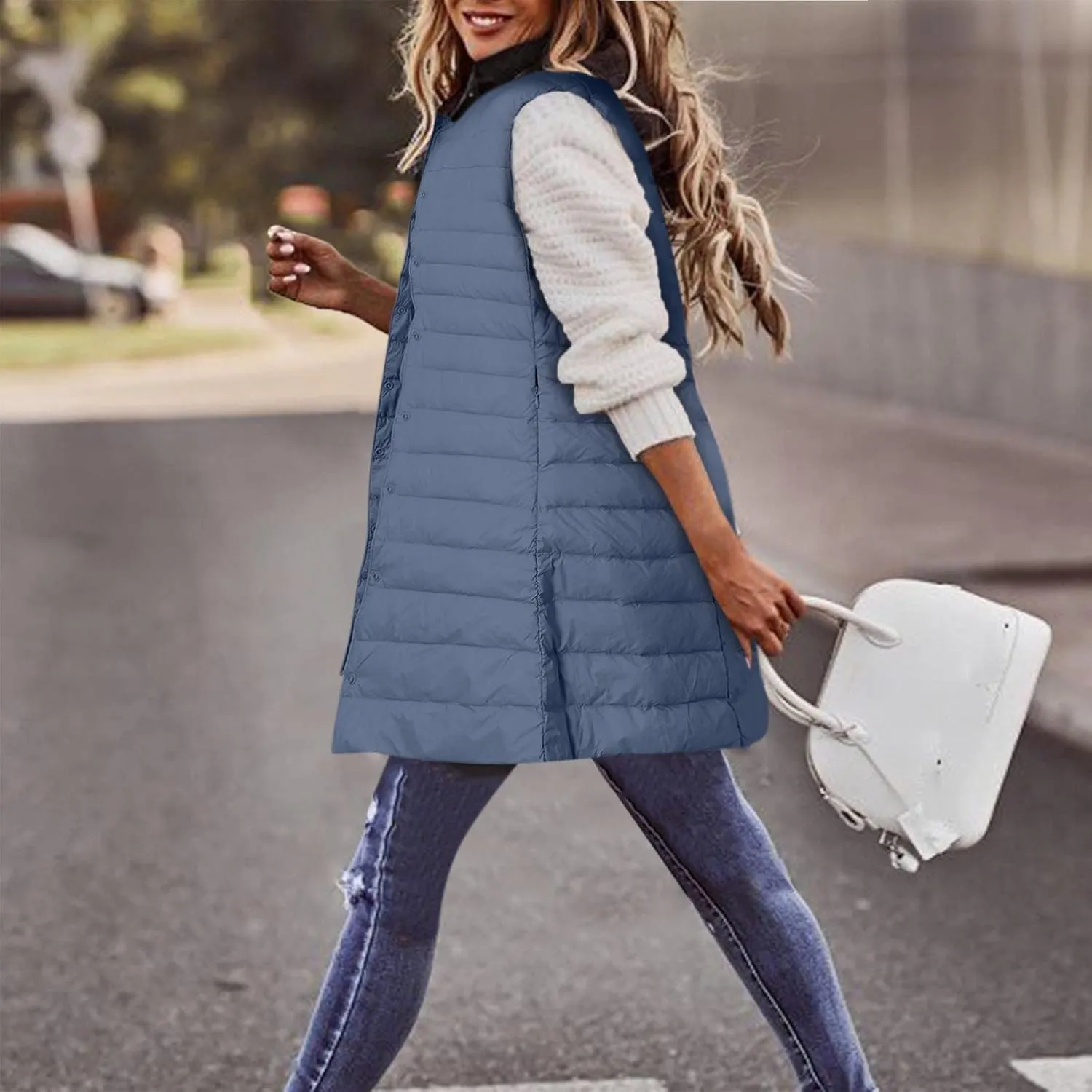 XIAOBU Quilted Jackets Women's Loose Mid-Length Vests Pocket Button Solid Thin Light Sleeveless Cotton Padded Coats