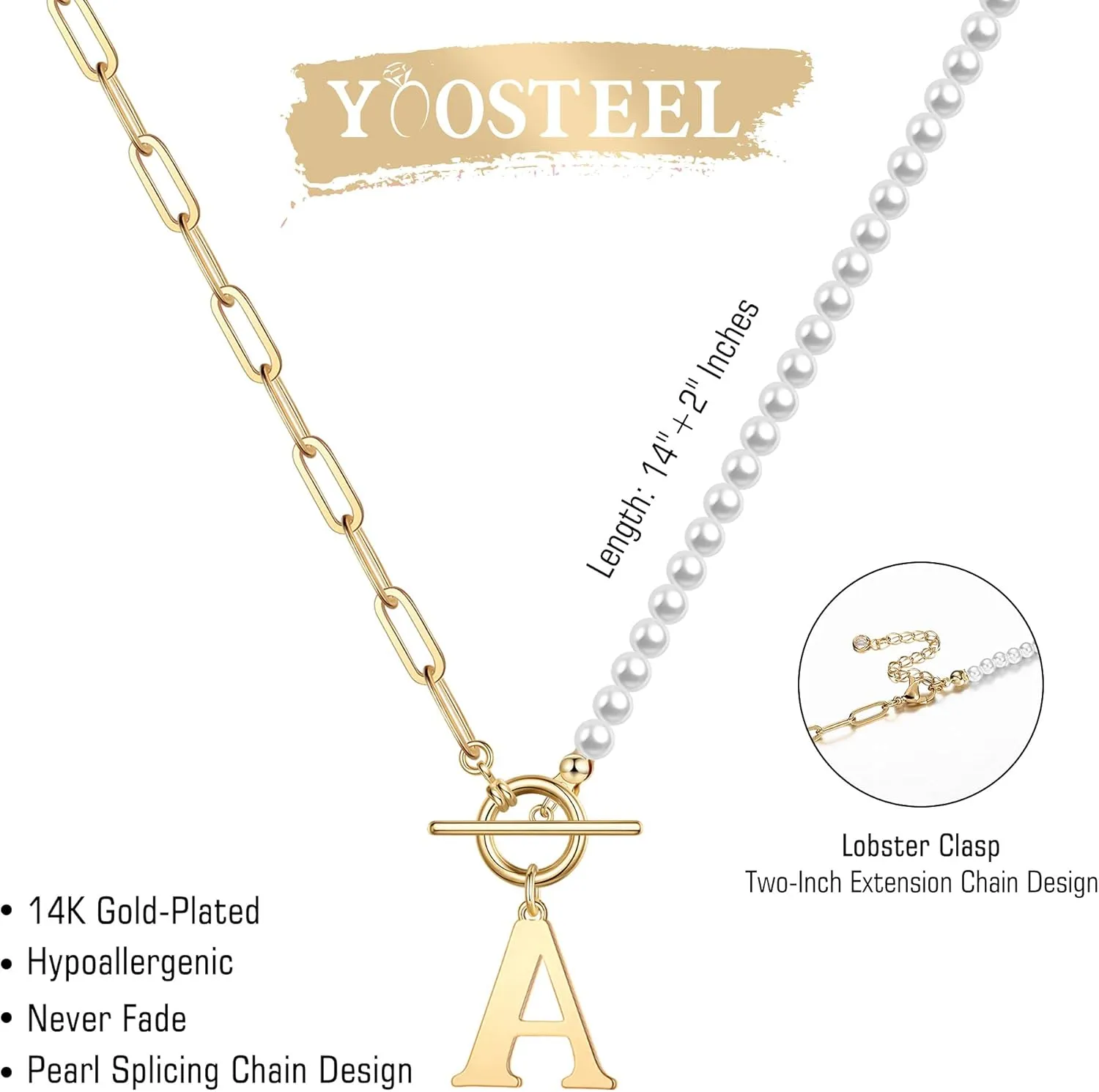 Yoosteel Pearl Initial Necklace for Women, Dainty Pearl Chain Choker Initial Necklaces for Women Toggle Clasp Paperclip Link Chain Gold Necklace Jewelry Gifts
