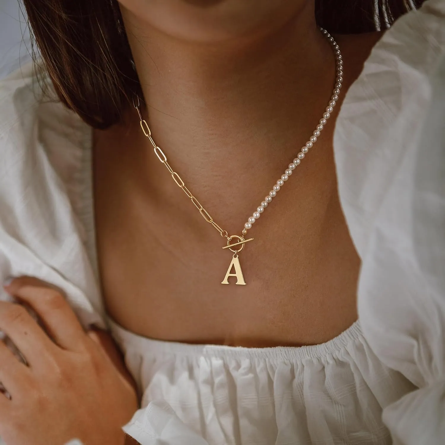 Yoosteel Pearl Initial Necklace for Women, Dainty Pearl Chain Choker Initial Necklaces for Women Toggle Clasp Paperclip Link Chain Gold Necklace Jewelry Gifts