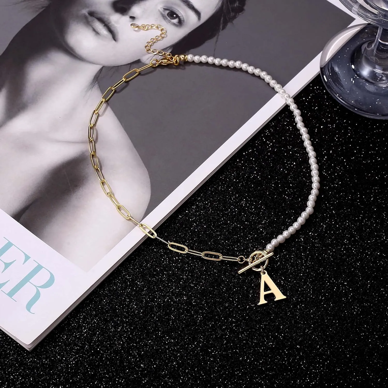 Yoosteel Pearl Initial Necklace for Women, Dainty Pearl Chain Choker Initial Necklaces for Women Toggle Clasp Paperclip Link Chain Gold Necklace Jewelry Gifts