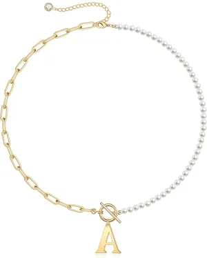 Yoosteel Pearl Initial Necklace for Women, Dainty Pearl Chain Choker Initial Necklaces for Women Toggle Clasp Paperclip Link Chain Gold Necklace Jewelry Gifts