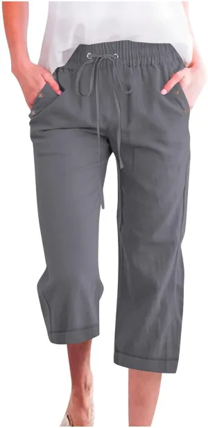 YRAETENM Linen Capri Pants for Women Summer Drawstring Elastic High Waist Cotton Pants Comfy Wide Leg Plus Size Lounge Capris