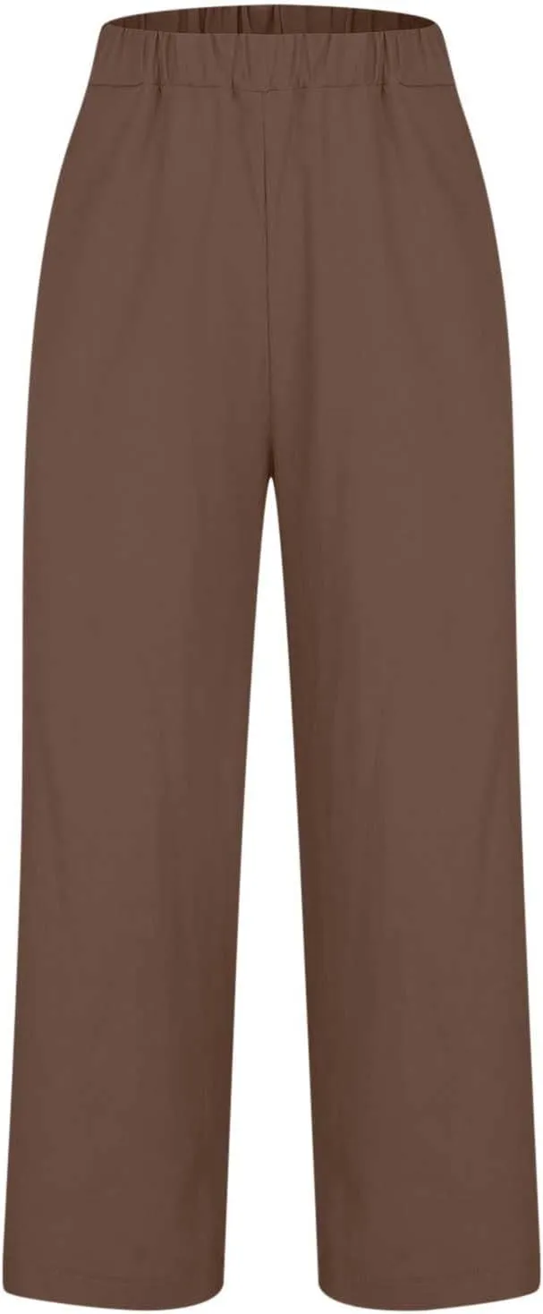 YRAETENM Linen Pants for Women Summer High Waist Elastic Straight Leg Lounge Pants Casual Loose Lightweight Beach Trousers