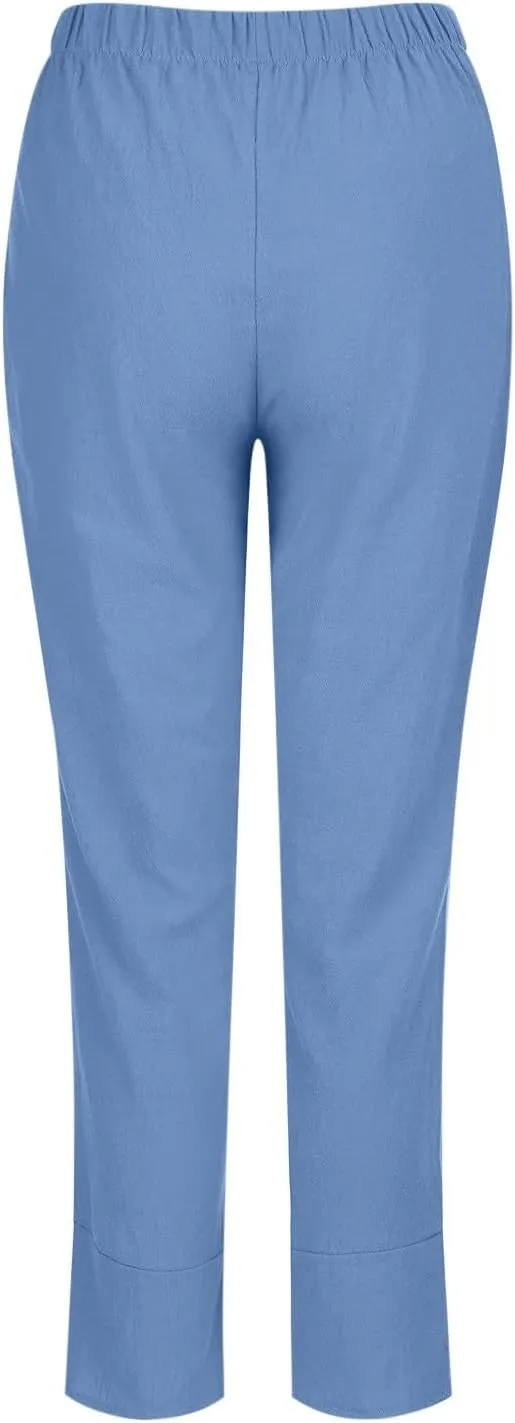 YRAETENM Linen Pants Women Summer Casual Capri Pants Cropped Comfy Baggy Trousers High Waisted Lounge Pants with Pockets