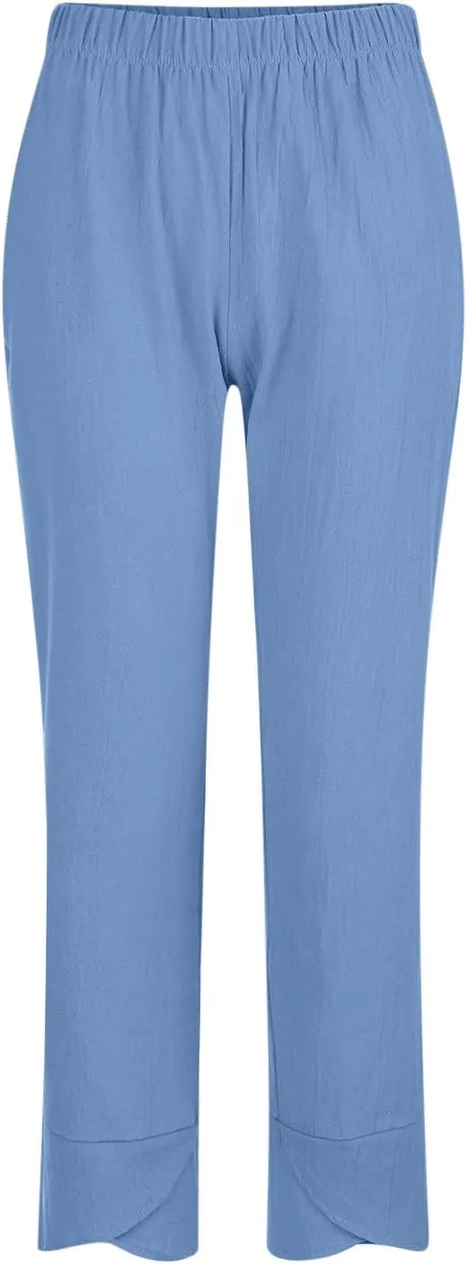 YRAETENM Linen Pants Women Summer Casual Capri Pants Cropped Comfy Baggy Trousers High Waisted Lounge Pants with Pockets