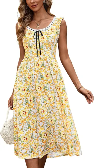 ZABERRY Womens Boho Sundresses Square Neck Flutter Sleeves Self Tie Front A Line Milkmaid Summer Midi Dress 2025 Vacation