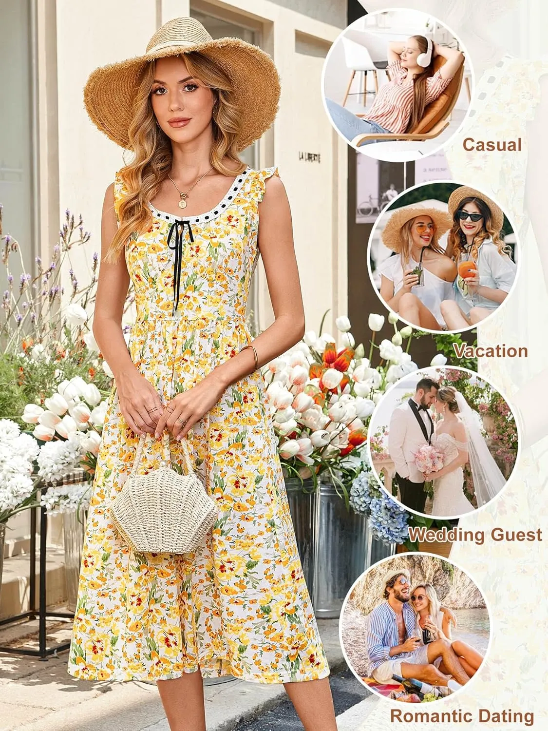 ZABERRY Womens Boho Sundresses Square Neck Flutter Sleeves Self Tie Front A Line Milkmaid Summer Midi Dress 2025 Vacation