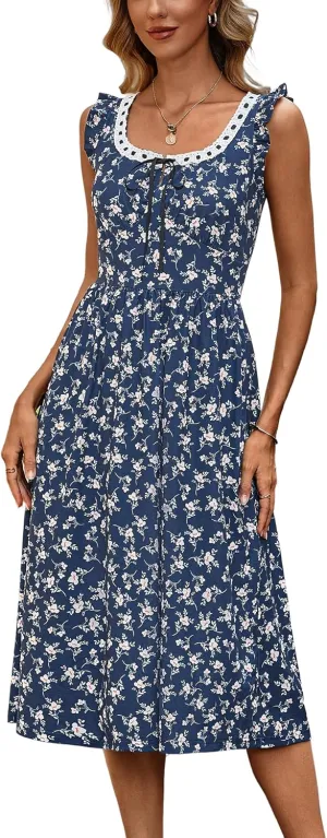 ZABERRY Womens Boho Sundresses Square Neck Flutter Sleeves Self Tie Front A Line Milkmaid Summer Midi Dress 2025 Vacation