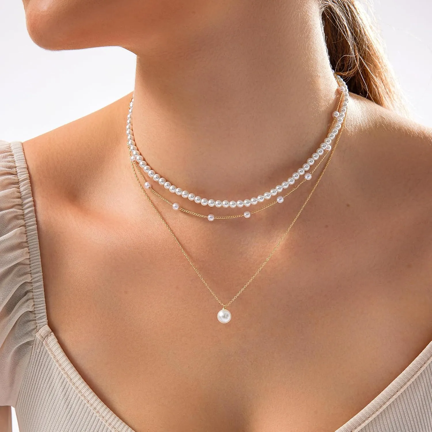 Zeffy Gold Pearl Necklace for Women, Dainty 14K Gold/Silve Plated Layered Pearl Choker Pearl Earrings Pearl Bracelets Wedding Trendy Gold Jewelry Set for Women Gifts