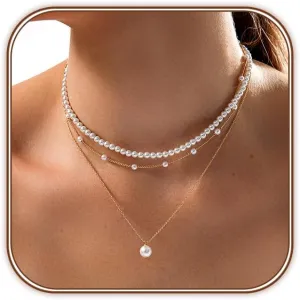 Zeffy Gold Pearl Necklace for Women, Dainty 14K Gold/Silve Plated Layered Pearl Choker Pearl Earrings Pearl Bracelets Wedding Trendy Gold Jewelry Set for Women Gifts