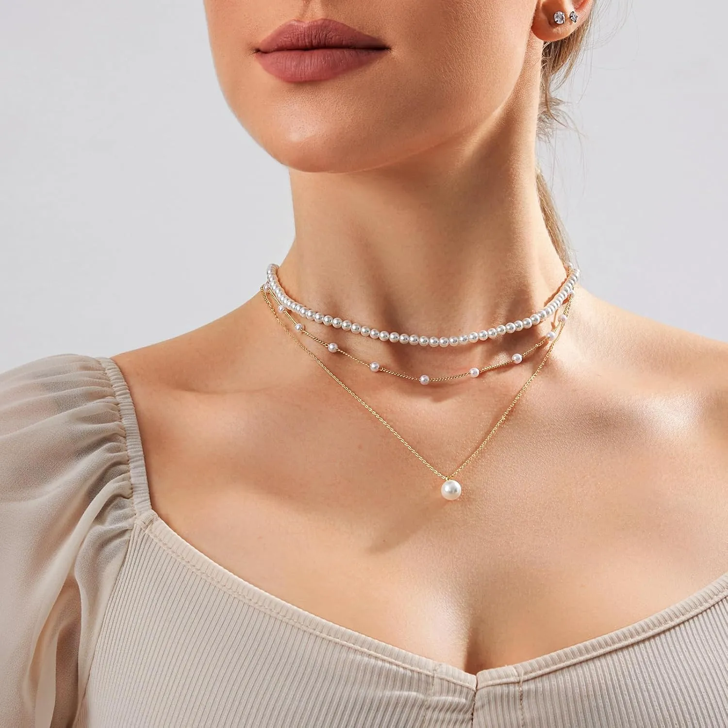 Zeffy Gold Pearl Necklace for Women, Dainty 14K Gold/Silve Plated Layered Pearl Choker Pearl Earrings Pearl Bracelets Wedding Trendy Gold Jewelry Set for Women Gifts