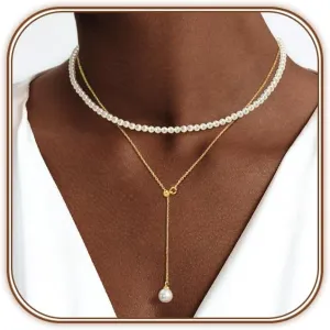 Zeffy Lariat Gold Necklace for Women Dainty Long Pearl Necklace 14k Gold/Silver Plated Layered Pearl/Beaded/CZ Y-Shaped Drop Wedding Stack Necklace Trendy Simple Gold Jewelry Set Gifts